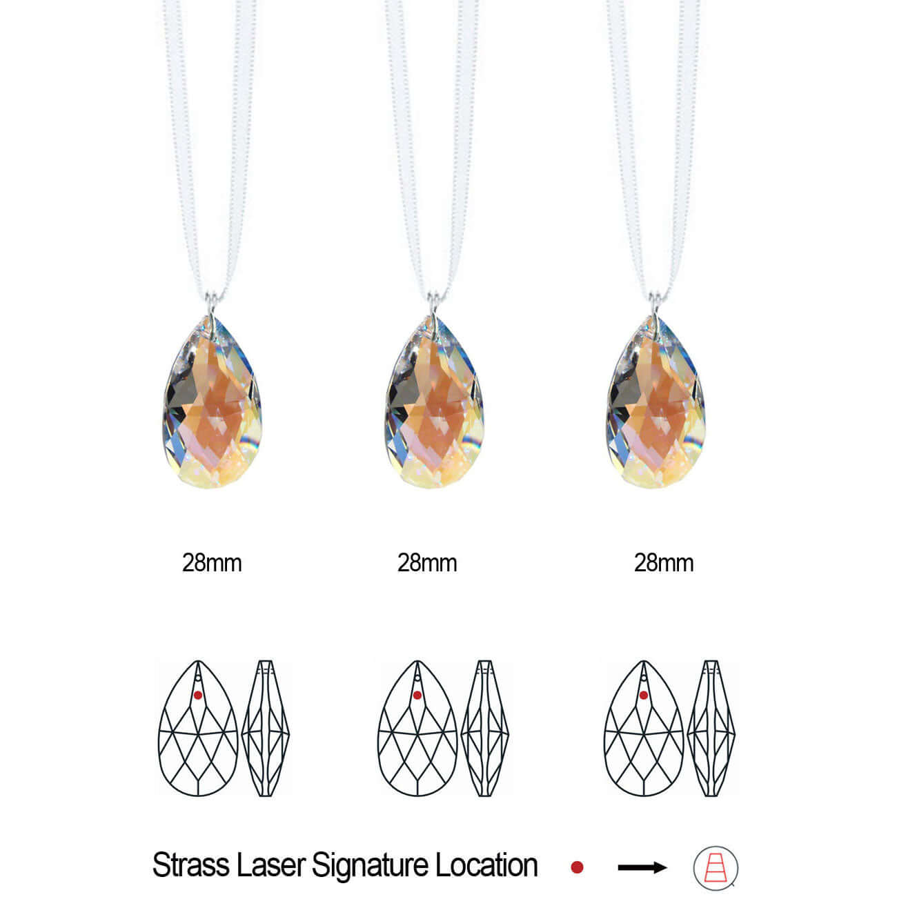 28mm Almond Shape Swarovski Prism Hanging Crystals, 3 pcs